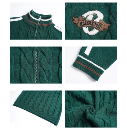 BLUREMO College Twisted Towel Embroidery Half-Zip Turtleneck Sweater