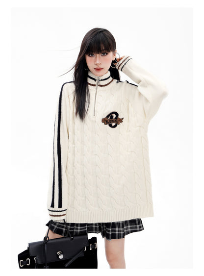 BLUREMO College Twisted Towel Embroidery Half-Zip Turtleneck Sweater