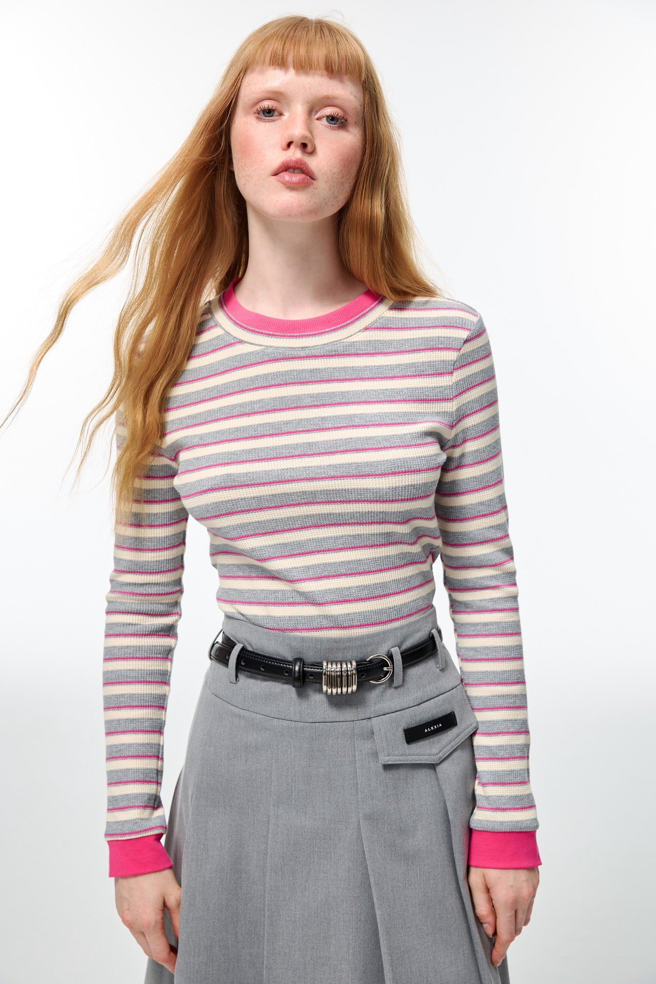 Alexia Sandra Stripe Round Neck Knit Top Grey/Pink