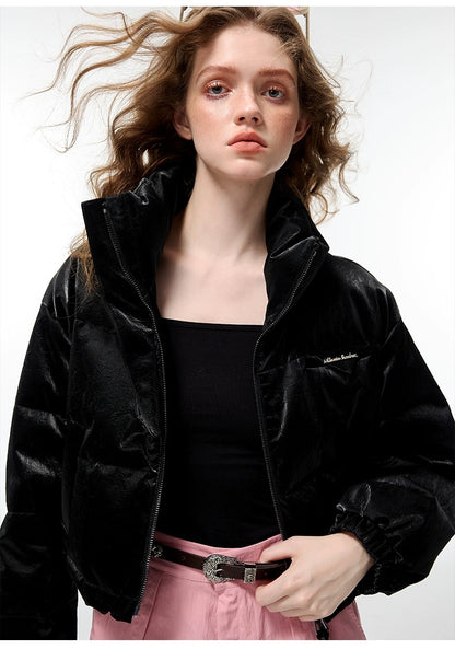 Alexia Sandra Tree Grain Leather Short Down Jacket Black