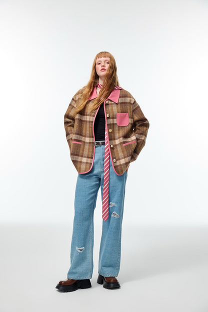 Alexia Sandra Pink Brown Patchwork Leather Plaid Jacket