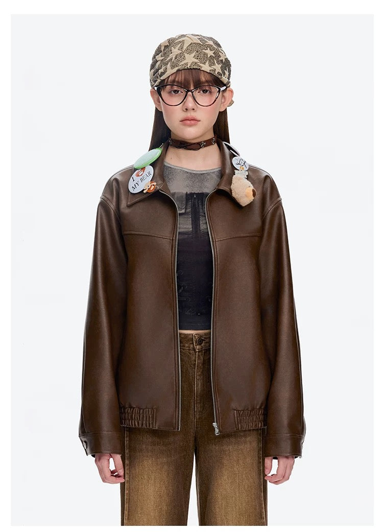 13DE MARZO Badge Leather Jacket Brown