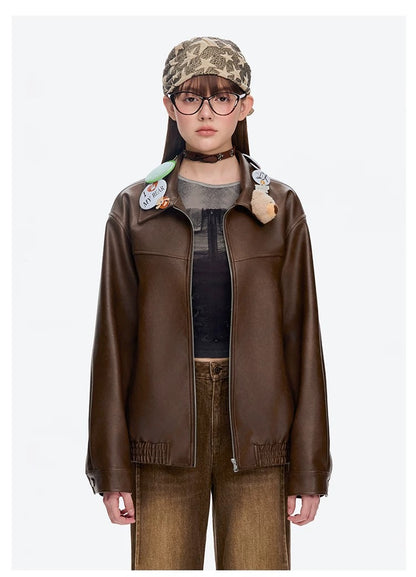 13DE MARZO Badge Leather Jacket Brown