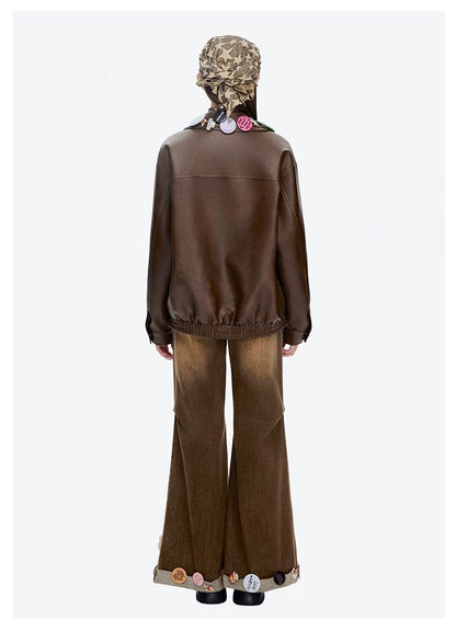 13DE MARZO Badge Leather Jacket Brown