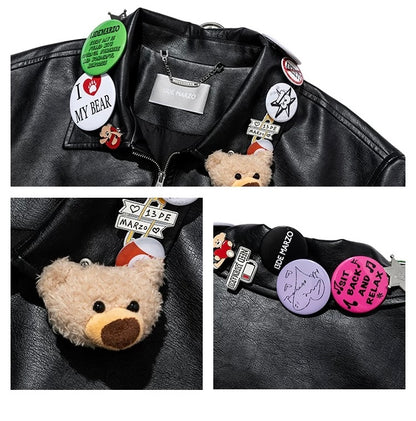 13DE MARZO Badge Leather Jacket Black