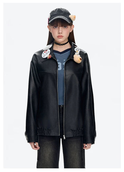 13DE MARZO Badge Leather Jacket Black