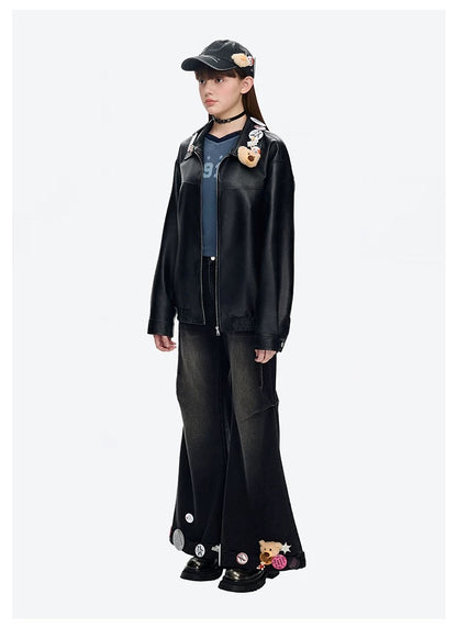 13DE MARZO Badge Leather Jacket Black