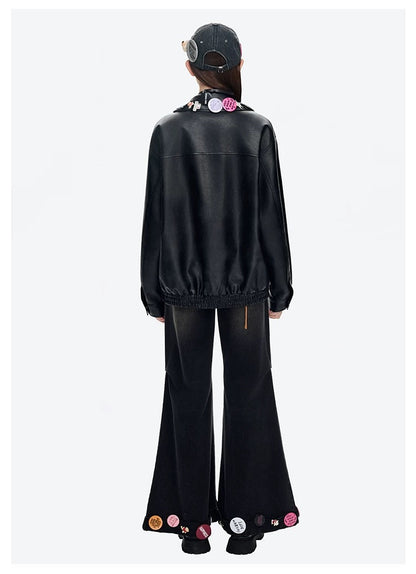 13DE MARZO Badge Leather Jacket Black