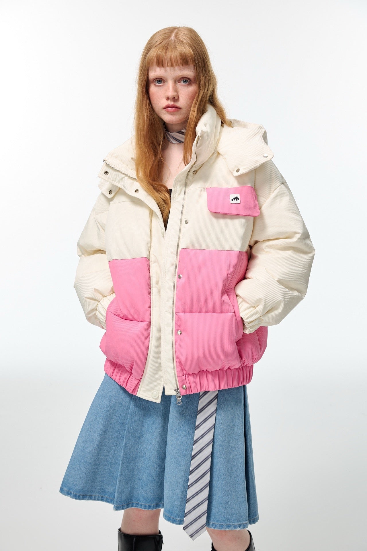 Alexia Sandra Patchwork Pocket Hooded Down Jacket Pink