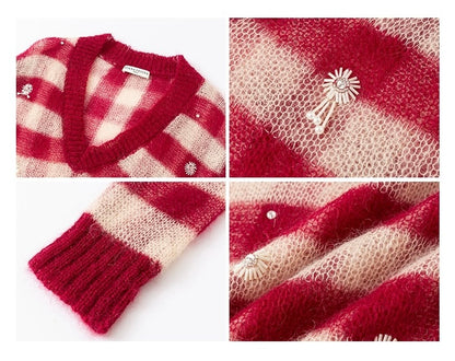 DIANA VEVINA Flower Pendant Stripe Sweater Red