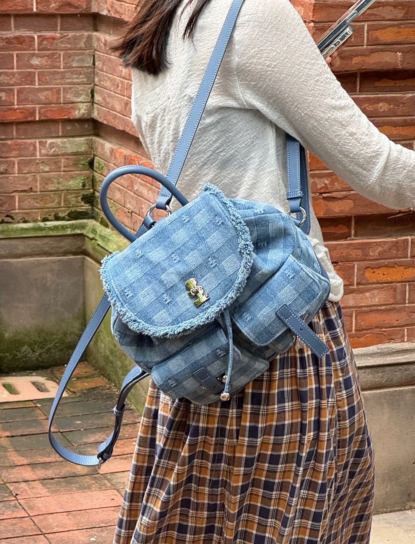 Tagi Imagine Denim Check Pattern Backpack