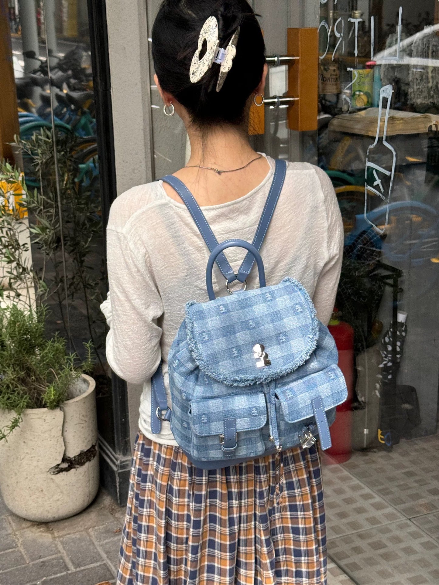 Tagi Imagine Denim Check Pattern Backpack