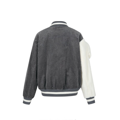 13DE MARZO Bear Sleeve Corduroy Baseball Jacket Grey