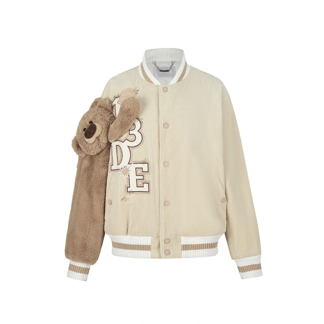 13DE MARZO Bear Sleeve Corduroy Baseball Jacket Khaki