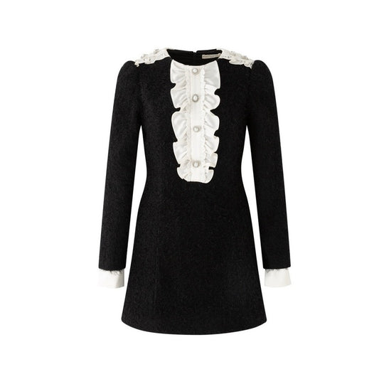 DIANA VEVINA Ruffled Vintage Patchwork Dress Black