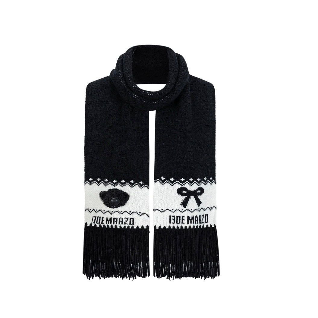 13DE MARZO Fair Isle Bear Knit Scarf Black