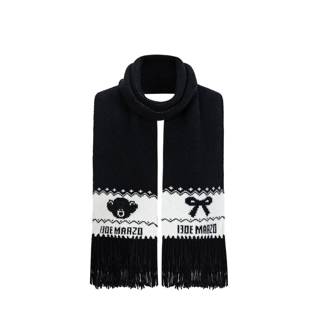 13DE MARZO Fair Isle Bear Knit Scarf Black