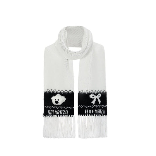 13DE MARZO Fair Isle Bear Knit Scarf White