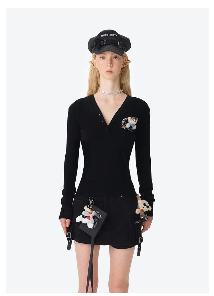 13DE MARZO Bear Knit Fit Hoodie Black