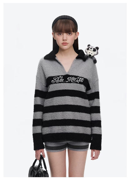 13DE MARZO Raccoon Bear Striped Sweater Gray