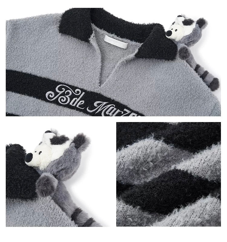 13DE MARZO Raccoon Bear Striped Sweater Gray