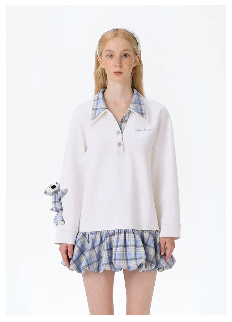 13DE MARZO Plaid Bear Collar Bud Dress Beige