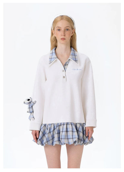 13DE MARZO Plaid Bear Collar Bud Dress Beige