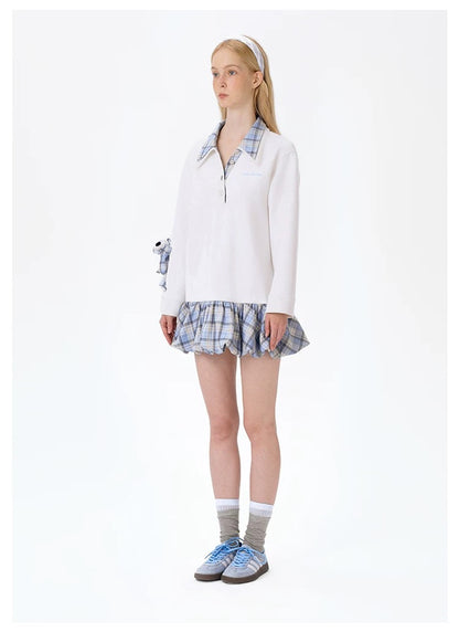 13DE MARZO Plaid Bear Collar Bud Dress Beige