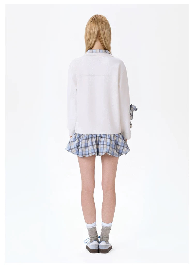 13DE MARZO Plaid Bear Collar Bud Dress Beige