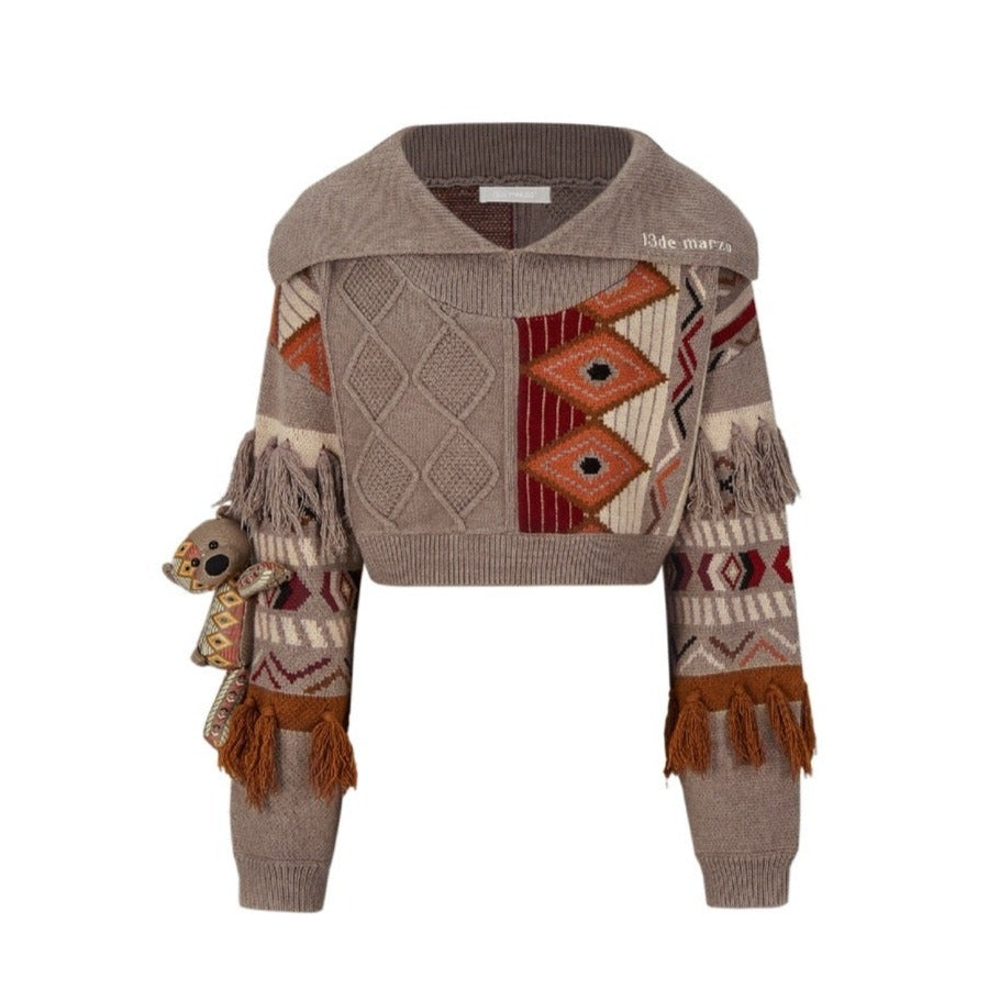 13DE MARZO Tribe Hunting Totem Short Sweater Brown