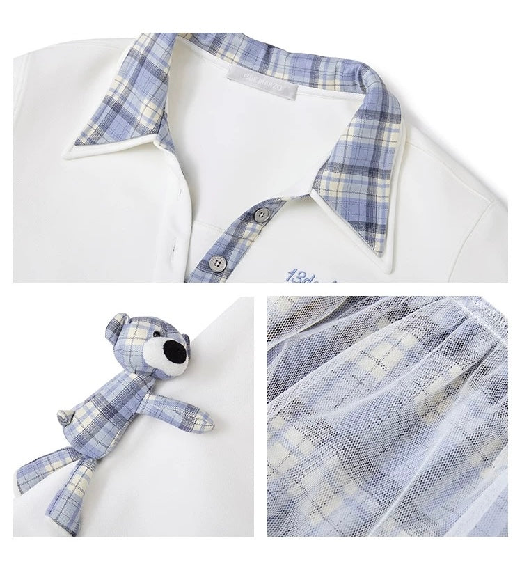 13DE MARZO Plaid Bear Collar Bud Dress Beige