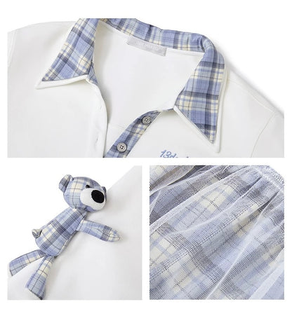 13DE MARZO Plaid Bear Collar Bud Dress Beige