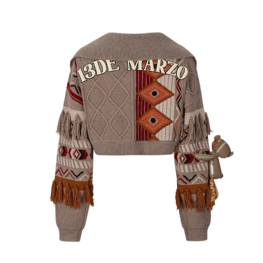 13DE MARZO Tribe Hunting Totem Short Sweater Brown