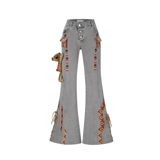 13DE MARZO Tribe Hunting Totem Bell Bottom Jeans Gray
