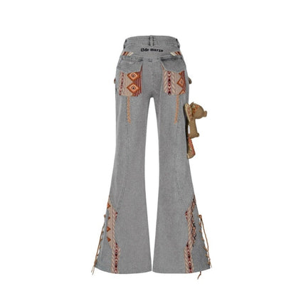 13DE MARZO Tribe Hunting Totem Bell Bottom Jeans Gray