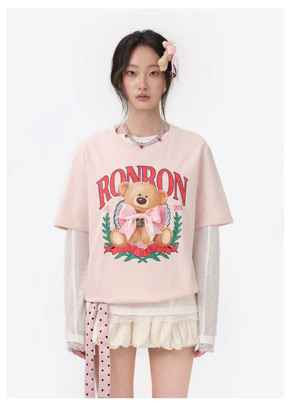 13DE MARZO x RONRON Bear Ribbon Tee Pink