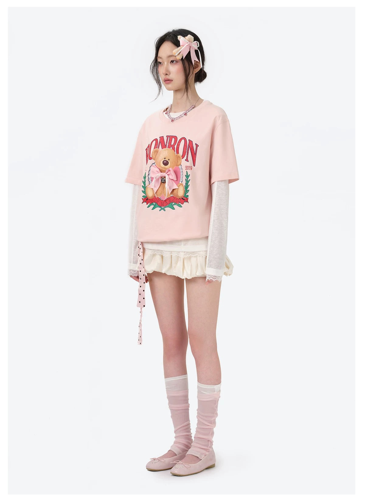13DE MARZO x RONRON Bear Ribbon Tee Pink