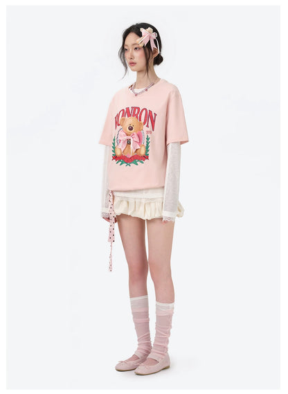 13DE MARZO x RONRON Bear Ribbon Tee Pink