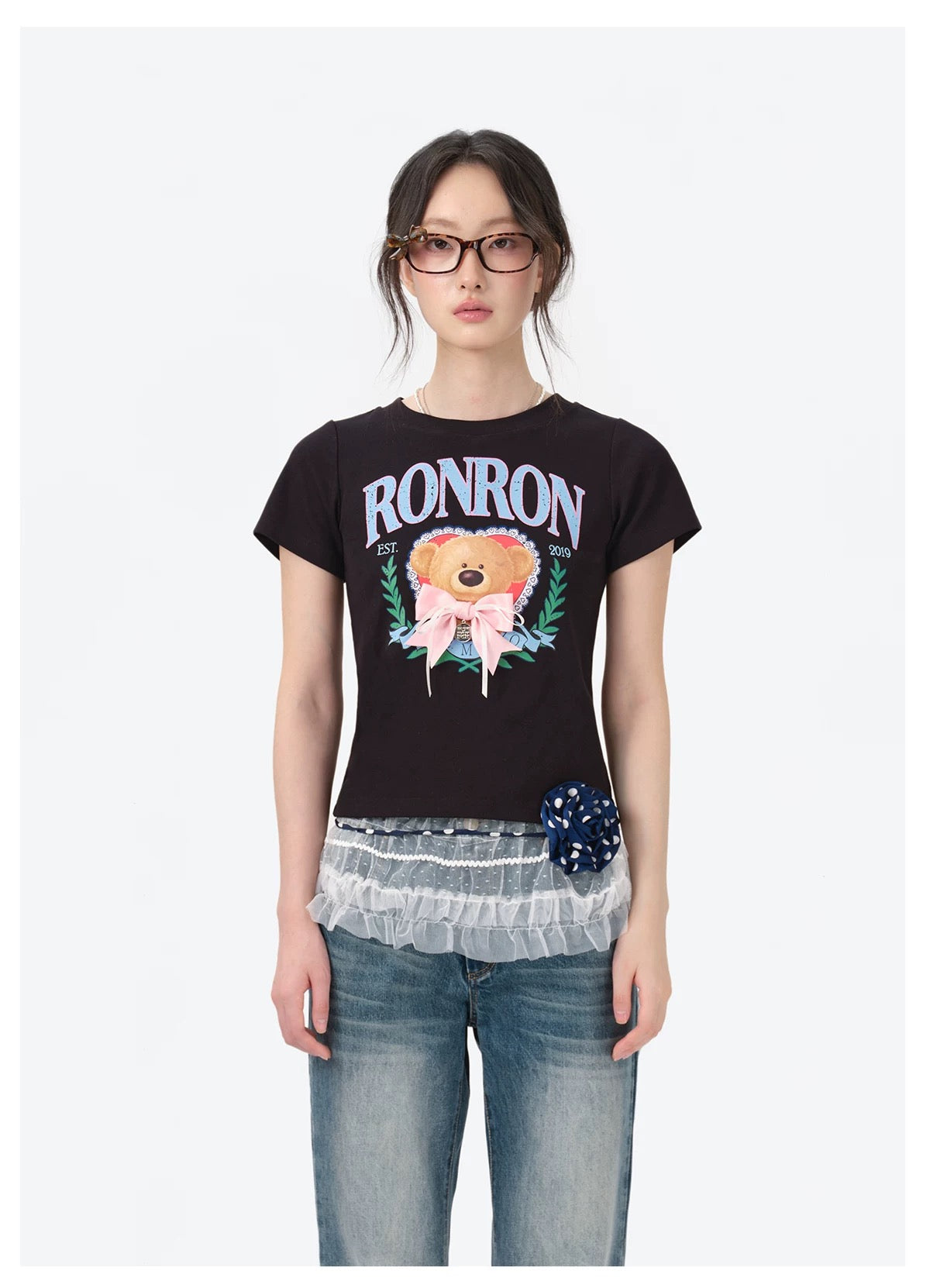 13DE MARZO x RONRON Bear Ribbon Slim Top Black