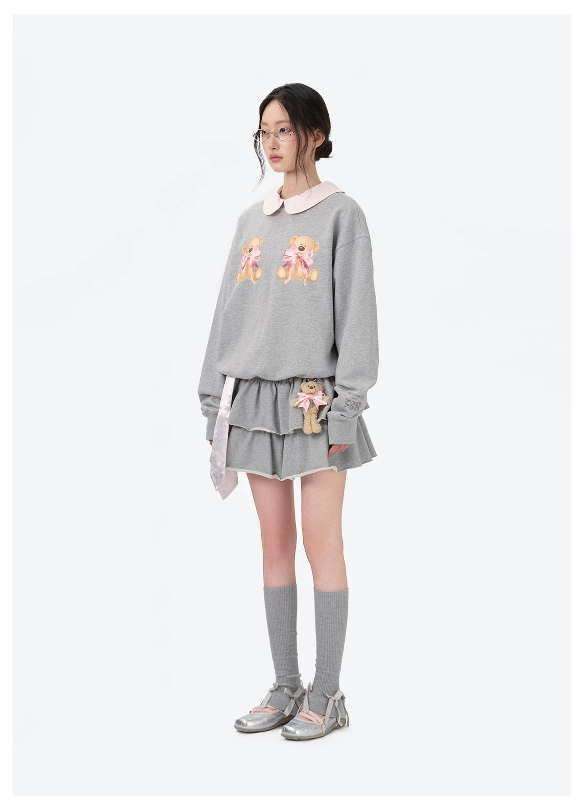 13DE MARZO x RONRON Double Ribbon Bear Sweater Grey