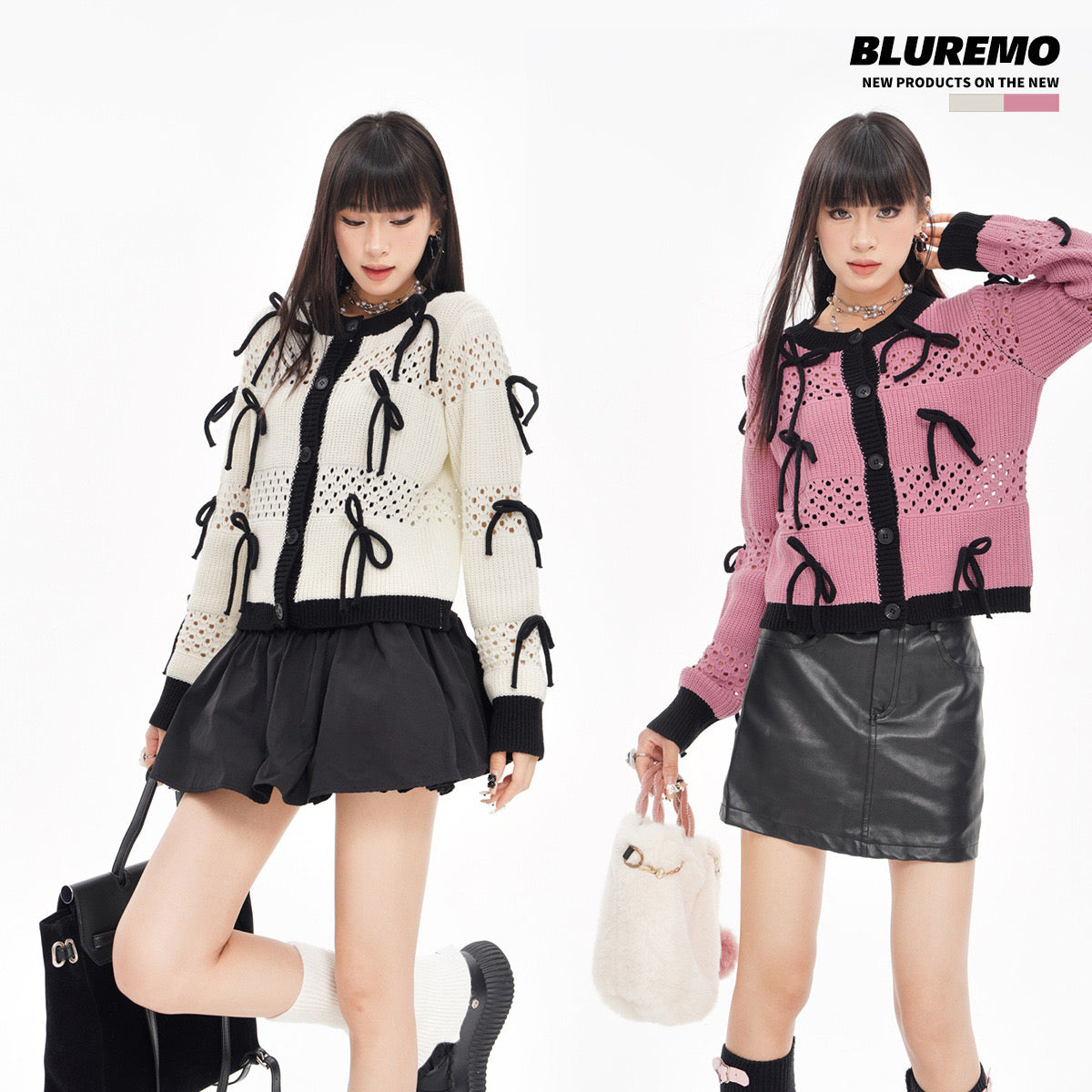 BLUREMO Hollow Bowtie Contrast Color Knit Cardigan