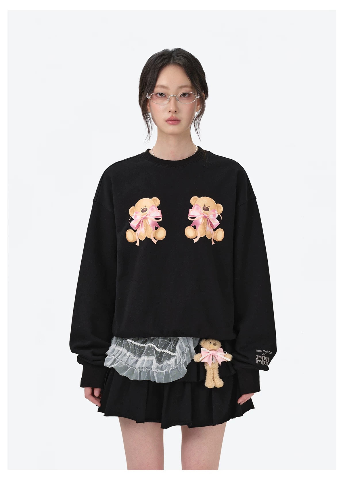 13DE MARZO x RONRON Double Ribbon Bear Sweater Black