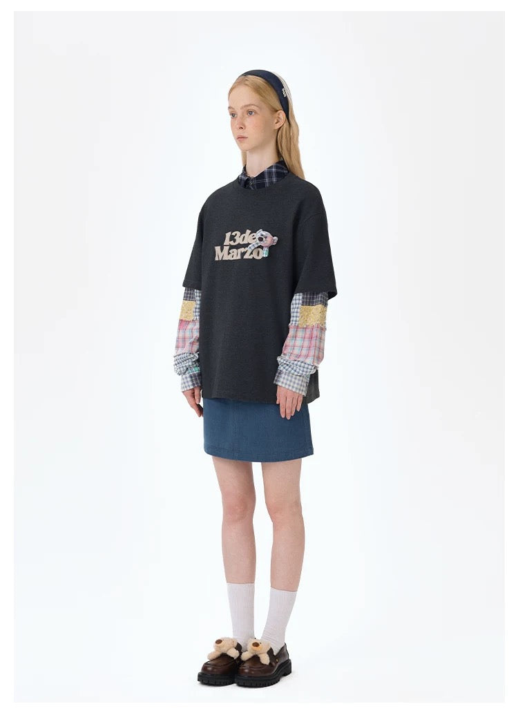 13DE MARZO Bear Plaid Sleeve T-shirt Black