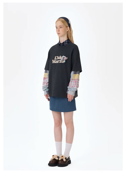 13DE MARZO Bear Plaid Sleeve T-shirt Black