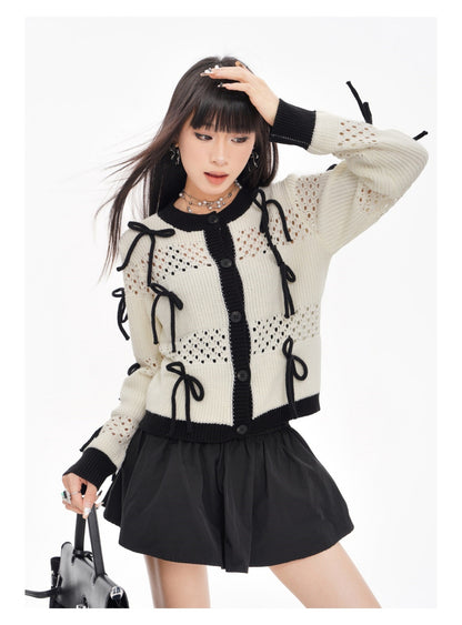 BLUREMO Hollow Bowtie Contrast Color Knit Cardigan