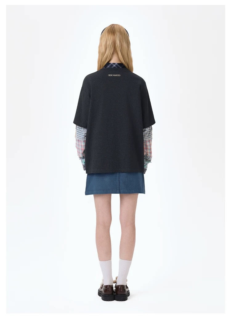 13DE MARZO Bear Plaid Sleeve T-shirt Black