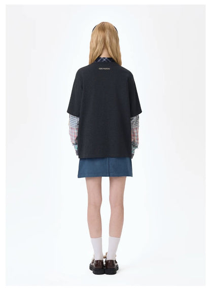 13DE MARZO Bear Plaid Sleeve T-shirt Black