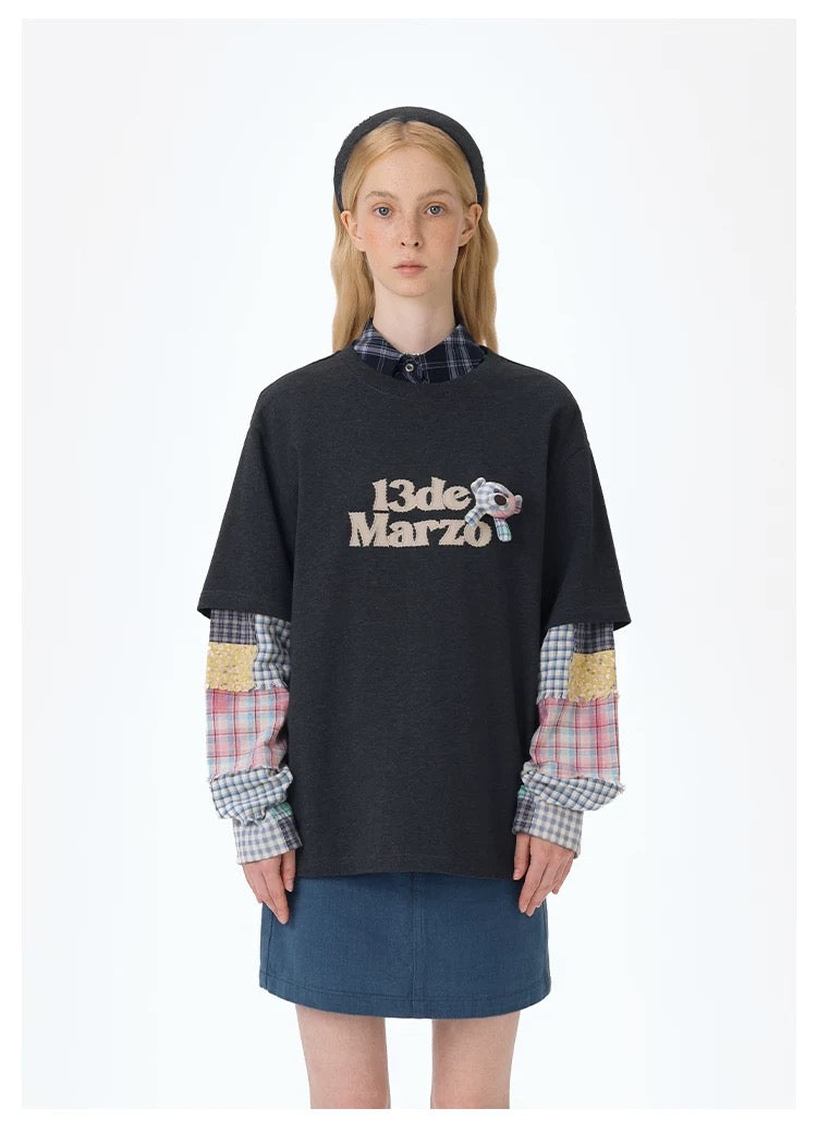 13DE MARZO Bear Plaid Sleeve T-shirt Black