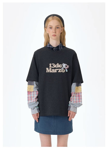 13DE MARZO Bear Plaid Sleeve T-shirt Black