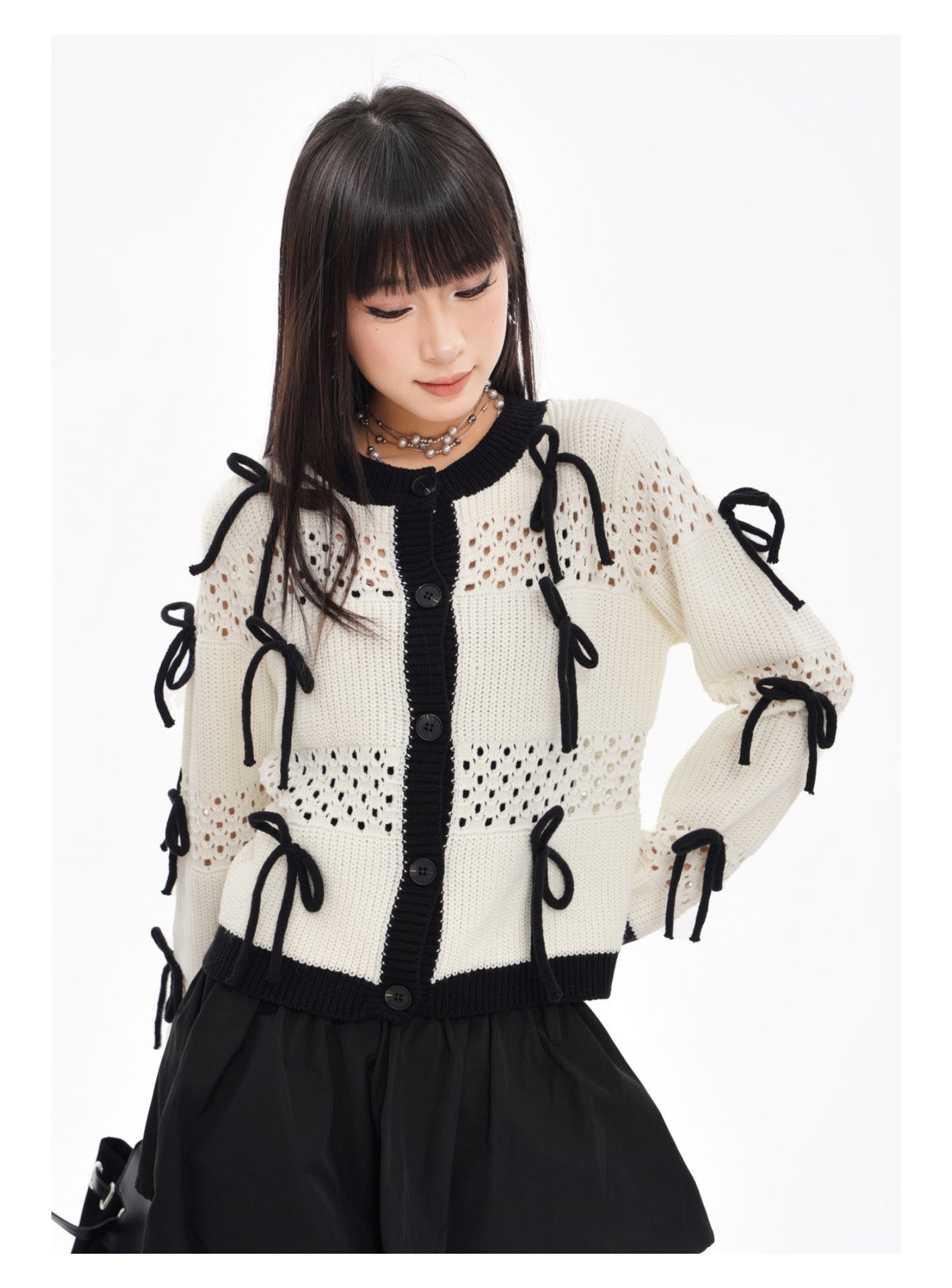 BLUREMO Hollow Bowtie Contrast Color Knit Cardigan